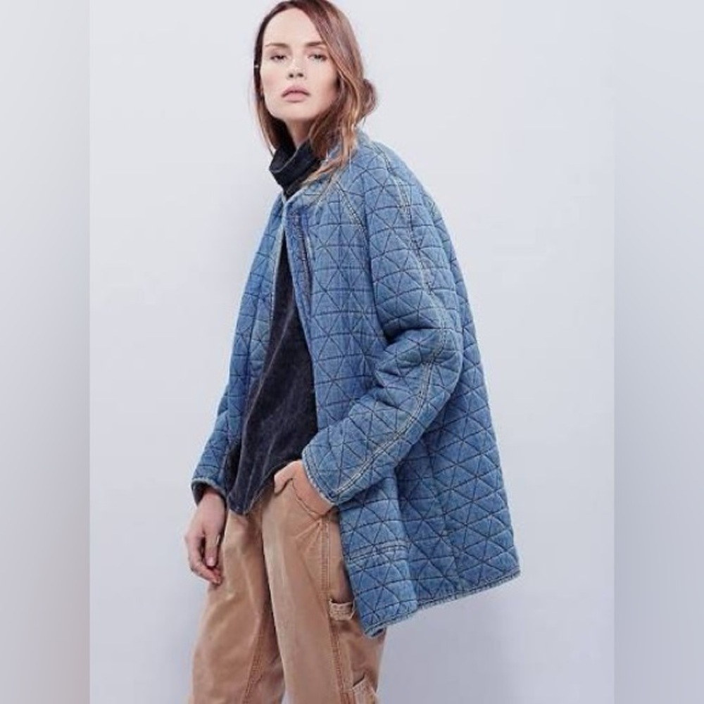Free People Quilted Blue Denim Jacket for Women